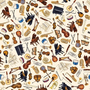 May include: A seamless pattern featuring a variety of musical instruments, including a piano, guitar, violin, trumpet, drums, and a harp. The instruments are drawn in a watercolor style and are set against a cream background.