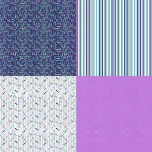 Könnte beinhalten: Vier verschiedene Stoffmuster. Oben links ein dunkelblaues Blumenmuster mit blauen, violetten und grünen Elementen. Oben rechts vertikale Streifen in Blau, Lila und Weiß. Unten links ein Fischgrätmuster in Grün, Blau und Lila. Unten rechts ein einfarbiger Lavendel Hintergrund mit einem kleinen Punktmuster.