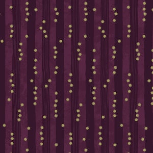 May include: A seamless pattern with vertical stripes in a deep burgundy color. The stripes are accented with a repeating pattern of small gold stars.