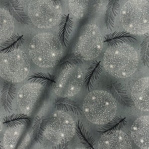 Stof~Christmas is Near~Balls and Pine w/Metallic Silver~Dark Grey~Cotton Fabric by the Yard or Select Length ST4598-915