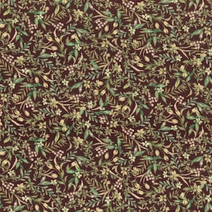 May include: A seamless pattern featuring a dark brown background with a repeating design of small green leaves and white flowers.