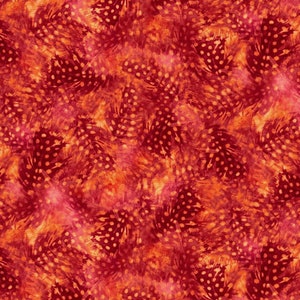 May include: A seamless pattern featuring a repeating design of red and orange feathers with white polka dots. The feathers are arranged in a diagonal pattern.