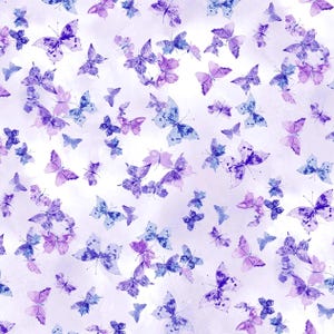May include: A seamless pattern of purple and blue watercolor butterflies on a white background.