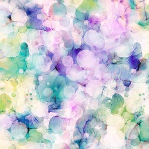 May include: Abstract watercolour design with overlapping circles and organic shapes in teal, purple, pink, and yellow. The artwork has a soft, ethereal quality, with a blend of colours and textures.