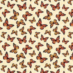 May include: A repeating pattern of orange and black monarch butterflies printed on a light cream-colored background. The butterflies are depicted in various sizes and orientations, creating a dense, continuous design across the entire surface.