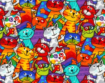 Timeless Treasures~Crayon Party~Cats~Multi~Cotton Fabric by the Yard or Select Length C6341-MLT