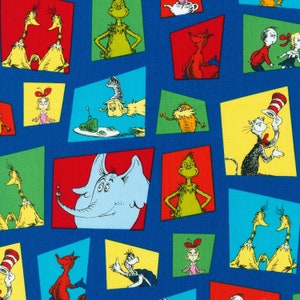 Robert Kaufman Celebrate Seuss Dr Seuss Characters Blue Cotton Fabric by the Yard or Select Length ADE156694