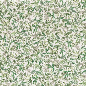 May include: A seamless pattern featuring a white background with a repeating design of green leaves and small white flowers.