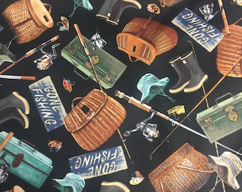 Timeless Treasures~Gone Fishing~Fishing Gear~Black~Cotton Fabric by the Yard or Select Length C6403-BLK