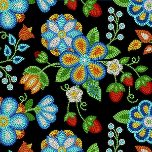 May include: A seamless pattern featuring colourful flowers and strawberries, all made of beads. The flowers are blue, yellow, orange, and white, and the strawberries are red. The background is black.