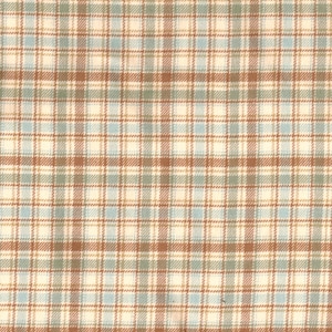 Puede incluir: Primer plano de una tela con estampado de cuadros. El patrón presenta una cuadrícula de líneas que se cruzan en marrón claro, crema, azul claro y verde. La tela tiene un aspecto suave y texturizado.