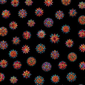 May include: A black background with a repeating pattern of colorful, geometric, star-shaped and circular designs. The designs are made up of small, colorful triangles and squares.