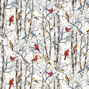 EOB~Timeless Treasures~Tree Farm~Winter Birds~White~Cotton Fabric by the Yard or Select Length C7593-WHT