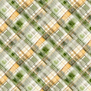 May include: Watercolor plaid pattern in shades of green, gold, and gray. The design features diagonal lines creating a grid-like effect. The pattern is suitable for fabric, wallpaper, or digital design projects.