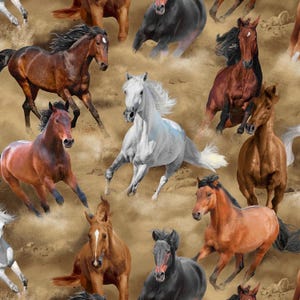 May include: A repeating pattern featuring multiple horses in various shades of brown, black, and white, running across a tan background. The horses are depicted in motion, with flowing manes and tails, creating a dynamic and energetic design.