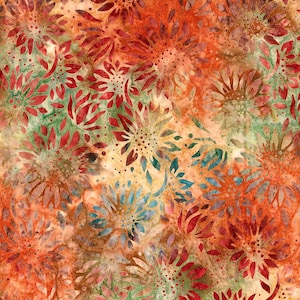 May include: A vibrant fabric with a floral pattern. The design features stylized flowers in shades of red, orange, green, and blue. The background has a mottled effect, creating a textured appearance. The overall aesthetic is warm and inviting.