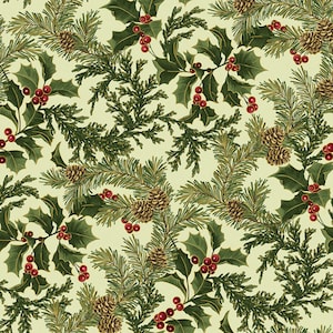 Benartex~Winter in the Pines~Pine Forest w/ Metallic Gold~Light Leaf/Multi~Cotton Fabric by the Yard or Select Length 16299M-04