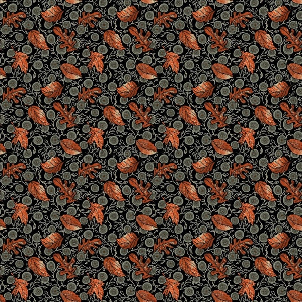 EOB~P&B Textiles~Origins~Leaf Toss~Black~Cotton Fabric by the Yard or Select Length ORIG5188-K