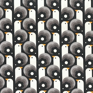 May include: A repeating pattern featuring stylized white birds with gray and black floral accents on a black background. The birds have orange beaks and are arranged in vertical rows, creating a symmetrical design.