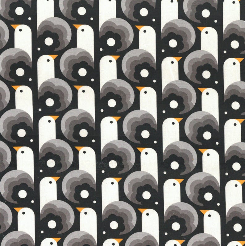 May include: A repeating pattern featuring stylized white birds with gray and black floral accents on a black background. The birds have orange beaks and are arranged in vertical rows, creating a symmetrical design.