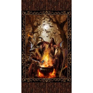 May include: A rectangular fabric panel featuring a central illustration of three witches gathered around a glowing orange cauldron in a dark forest. The scene includes flying bats, a full moon, and a decorative border with skull motifs.