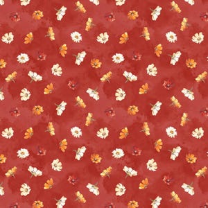 May include: A repeating pattern of watercolour flowers in shades of white, orange, and red on a deep red background. The flowers are scattered across the surface, creating a visually appealing design. The overall theme is floral and botanical.