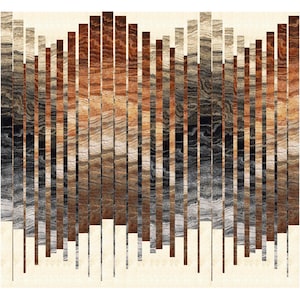 May include: Abstract art print featuring a pattern of vertical brown, black, and white stripes. The stripes are arranged in a wave-like pattern, creating a sense of movement and depth.