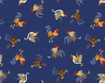 Wilmington Prints Morning Serenade Rooster Toss Blue Cotton Fabric by the Yard or Select Length 39865-424