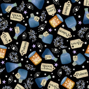 May include: A black background with a repeating pattern of blue and orange potion bottles, stars, and tags with text that reads "Hexes", "Poison", "Dragon's Teeth", and "Love Potion".