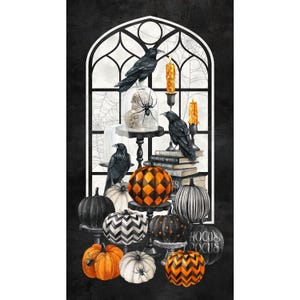 ノースコット スペルバウンド 24.5インチ x 43インチ カラスとカボチャのハロウィンウィンドウパネル ブラック/マルチ コットン生地 パネルサイズ 28135-99