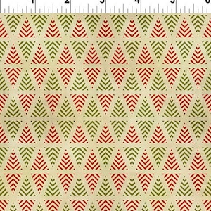 May include: A repeating pattern of red and green stylized Christmas trees on a beige background. The trees are made of chevron shapes, creating a festive and geometric design. The pattern is suitable for fabric or wrapping paper.