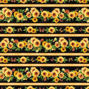 May include: A fabric pattern featuring horizontal stripes of yellow sunflowers and orange butterflies on a black background. The design includes alternating wide bands of dense floral arrangements and narrow bands of spaced sunflowers and butterflies.