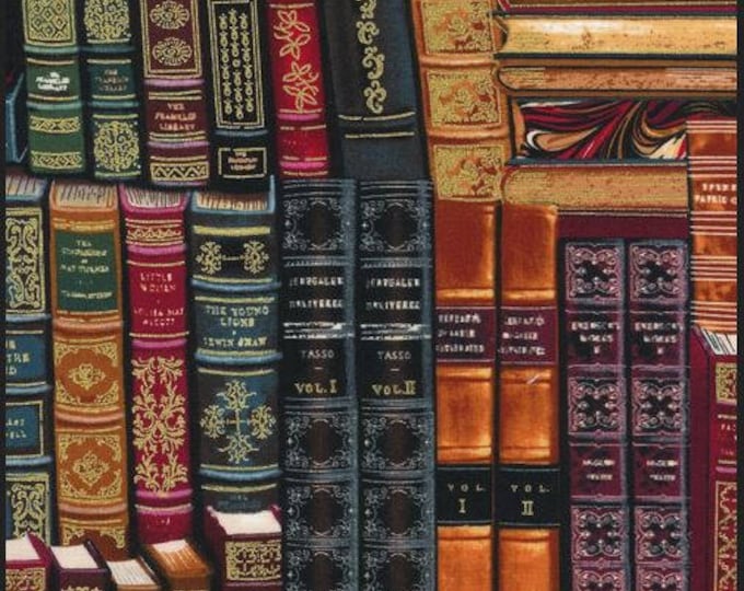 Timeless Treasures Library Stacked Books W/ Metallic Gold Multi Fabric ...