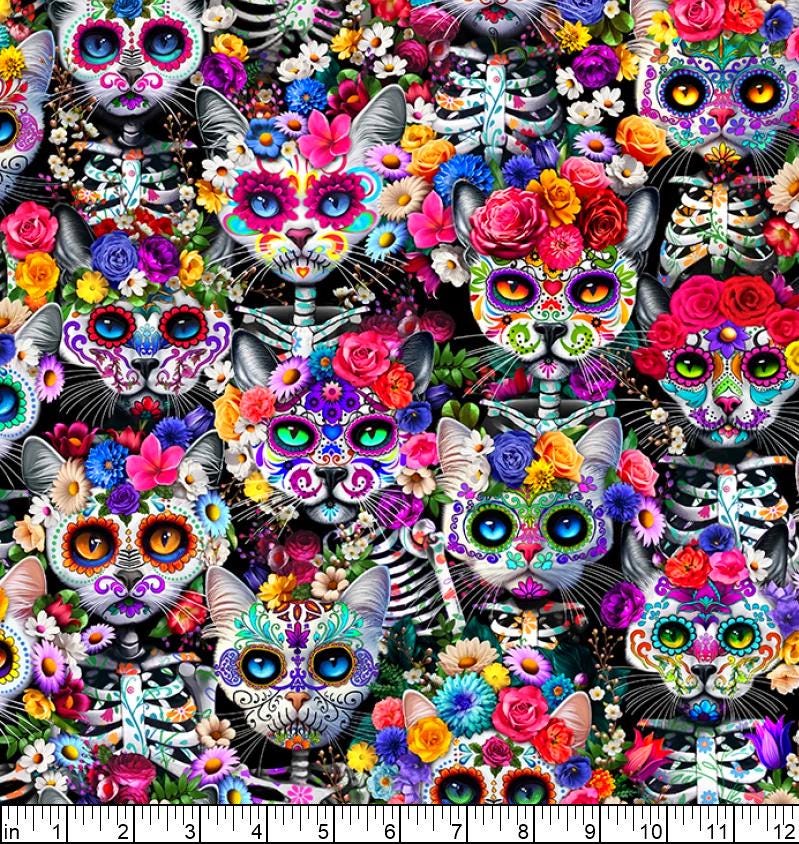 Timeless Treasures Day of the Dead Packed Cats and Floral Multi Cotton ...