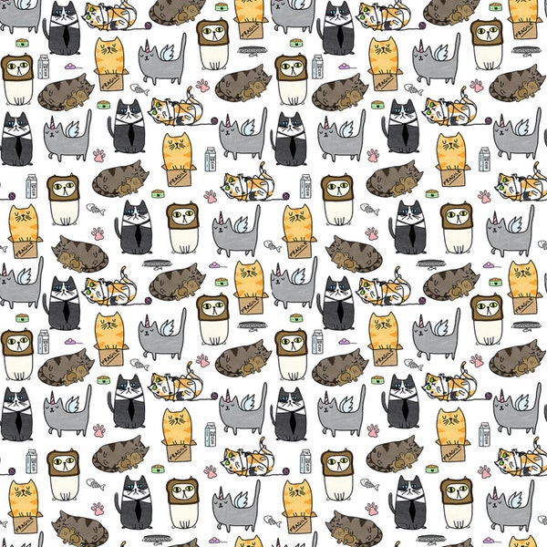 Timeless Treasures~Quirky Cats~Silly Kitties~White~Cotton Fabric by the Yard or Select Length CD2954-WHITE