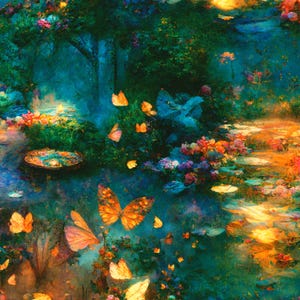 Puede incluir: Una pintura artística y colorida de una escena de bosque místico. Mariposas con alas naranjas y amarillas revolotean entre flores vibrantes y exuberante vegetación. La obra de arte presenta una cualidad onírica y etérea con una paleta de azules, verdes y naranjas.