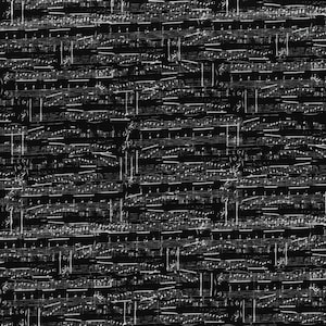 Puede incluir: Una imagen en blanco y negro de una hoja de música con notas musicales y líneas. Las notas están descoloridas y parecen antiguas.