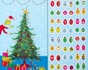 May include: A blue and green Christmas advent calendar featuring the Grinch from the Dr. Seuss book, How the Grinch Stole Christmas. The calendar has 24 numbered doors, each with a different Christmas-themed image.