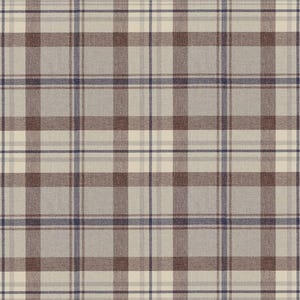 Könnte beinhalten: Ein Stoff mit einem klassischen Karomuster aus sich kreuzenden horizontalen und vertikalen Linien. Das Design besteht aus einer neutralen beigen Grundfarbe, die durch breite braune Streifen und dünnere, dunkelblaue Linien akzentuiert wird.