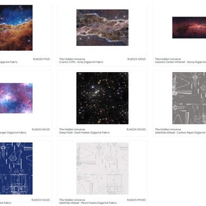 May include: A collage of nine images depicting different space nebulae and galaxies. Each image is labeled with a title and a product code. The images are arranged in a 3x3 grid.