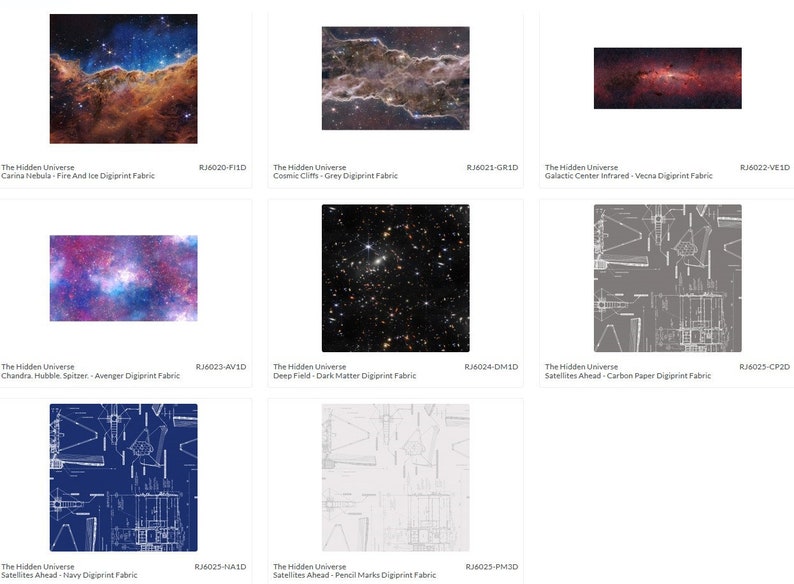 May include: A collage of nine images depicting different space nebulae and galaxies. Each image is labeled with a title and a product code. The images are arranged in a 3x3 grid.