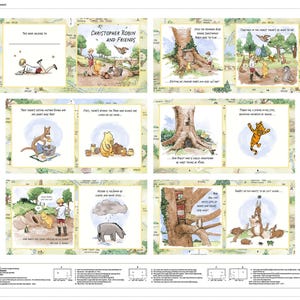 May include: A Winnie the Pooh themed fabric panel featuring illustrations of Christopher Robin and friends. The panel includes various scenes with text, including "Christopher Robin and Friends" and quotes from the stories.
