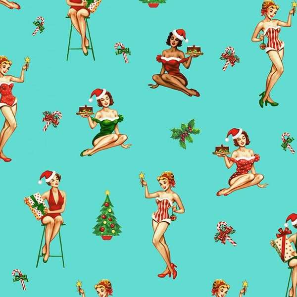 EOB~Michael Miller~Under the Mistletoe~Christmas Darlings~Digital Print~Aqua~Cotton Fabric by the Yard or Select Length DCX9613-AQUA
