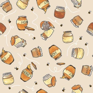 May include: A repeating pattern of honey jars, honey pots, and bees on a beige background. The jars are labeled "HONEY" and "HUNNY" in a whimsical font. Some jars are open, with honey spilling out. Bees are scattered throughout the design.