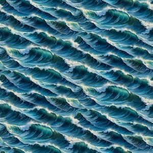 May include: A repeating pattern of ocean waves in shades of teal and blue. The waves are depicted with white foamy crests, creating a dynamic and textured design. The overall effect is a sense of movement and the power of the sea.