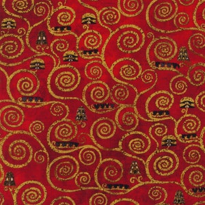 Robert Kaufman~Gustav Klimt~Swirls w/ Metallic Gold~Red~Cotton Fabric by the Yard or Select Length SRKM213503