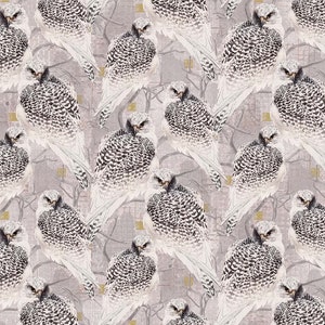 May include: A seamless pattern featuring a repeating design of white and grey birds with black markings on a light grey background.