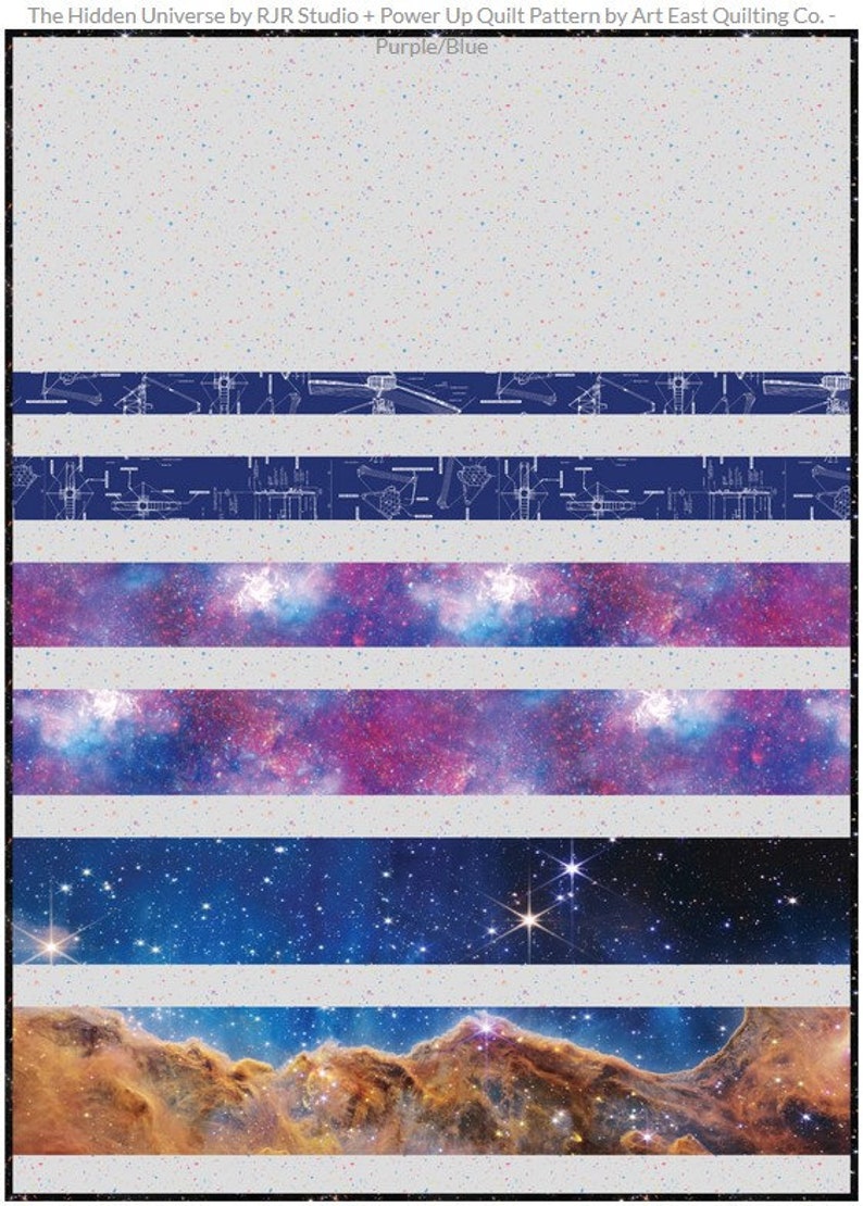 May include: A quilt pattern featuring a galaxy theme with a blue, purple, and white color scheme. The pattern includes a repeating design of a galaxy with stars, a nebula, and a space scene with a mountain range.