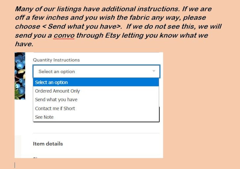 Pu&ograve; includere: Un menu a tendina blu e bianco con il testo "Istruzioni quantit&agrave;" e le opzioni "Quantit&agrave; ordinata solo", "Invia quello che hai", "Contattami se breve", e "Vedi nota".