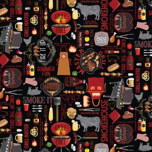 May include: A black background with a repeating pattern of barbecue-themed illustrations. The design includes images of grills, aprons, food, and text like "Grill & Chill," "Smoke-It," and "Summer Fun." The color palette is red, black, and tan.